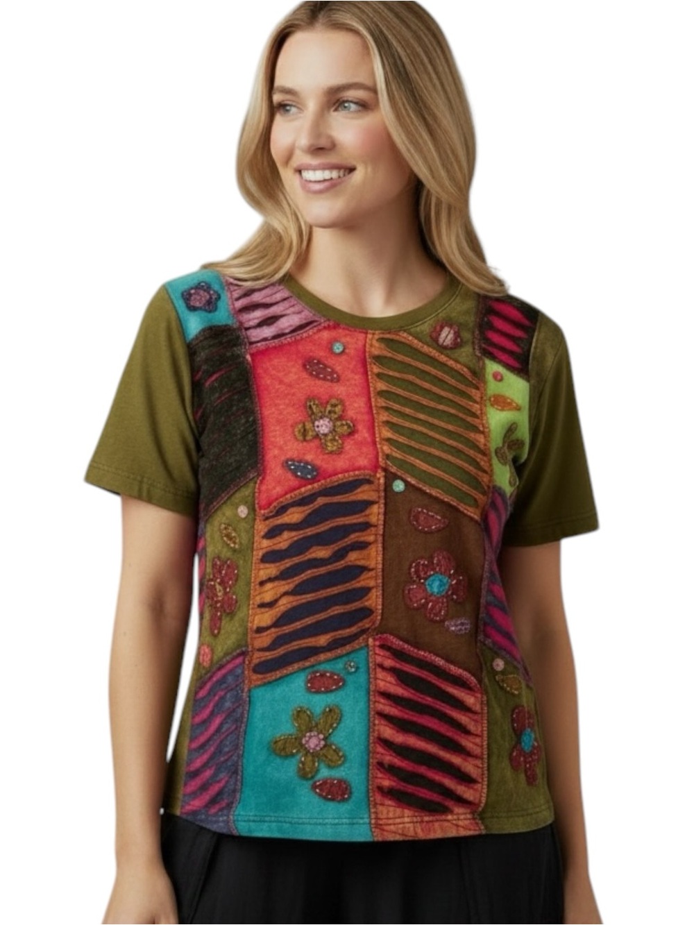 Rising International Patchwork Embroidered Top Size Small 100% Cotton